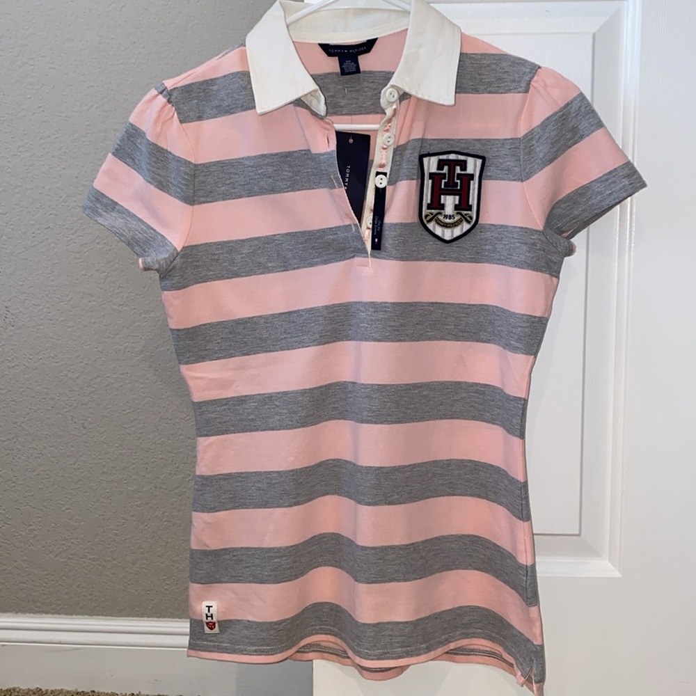 Tommy Hilfiger Small Polo Shirt Striped Grey Pink White. Collar